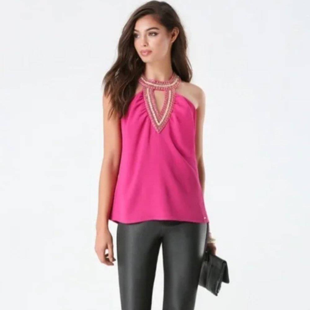 Bebe Embellished Halter Top Medium NWT